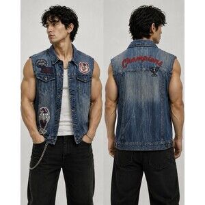 Parish Nation Men's 3XL Patchwork Champions Denim Vest  Streetwear Retro Biker